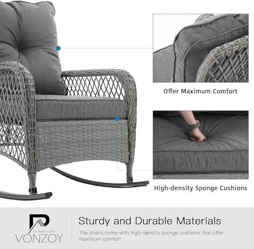 3 Piece Wicker Rocking Patio Furniture Set with Cushions and Coffee Table O6760