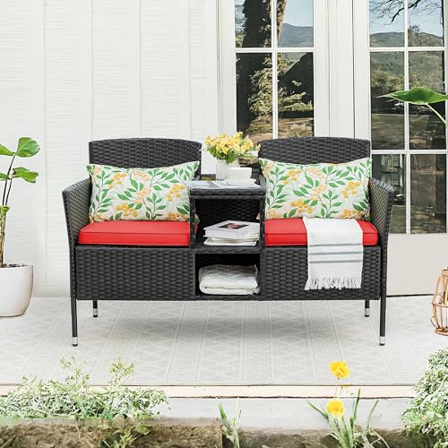 Beige Rattan 2-Seat Patio Loveseat with Cushions C34253