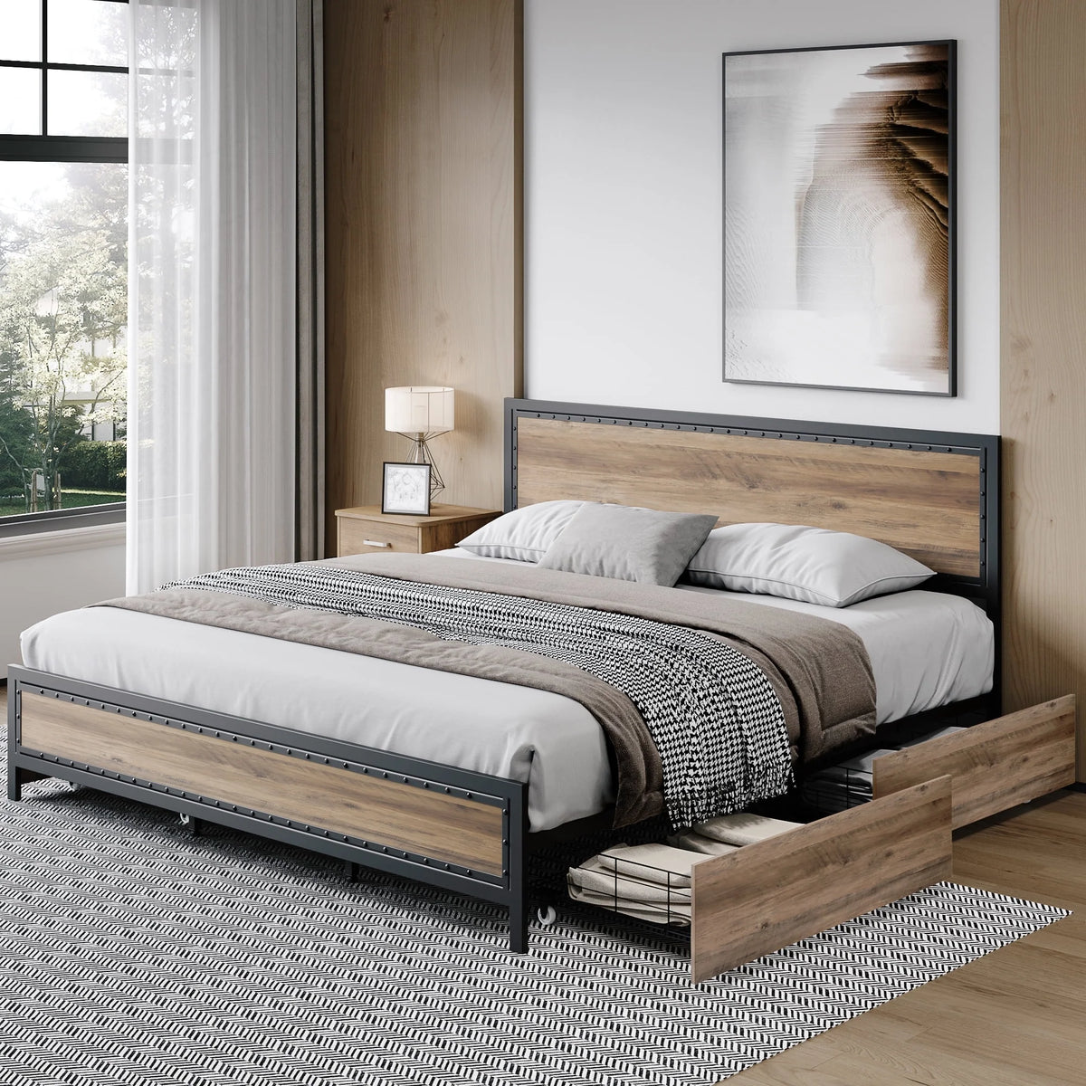 King 4 Drawer Gray Metal Platform Bed with Headboard I64865
