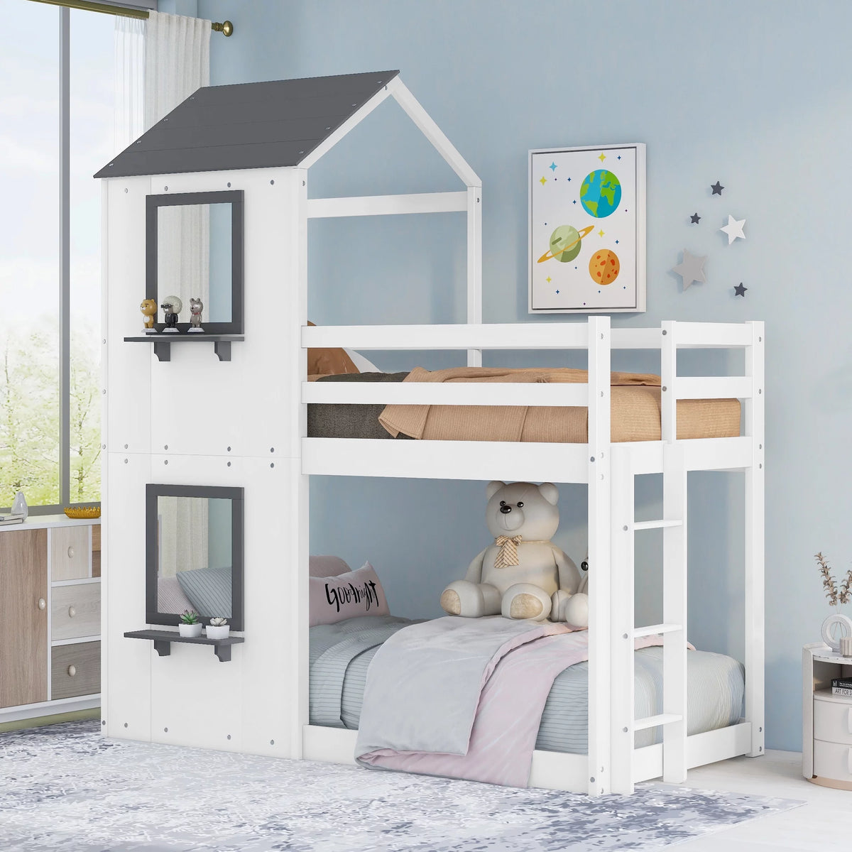 Wood Twin Over Twin Bunk Bed with Roof and Ladder K685537