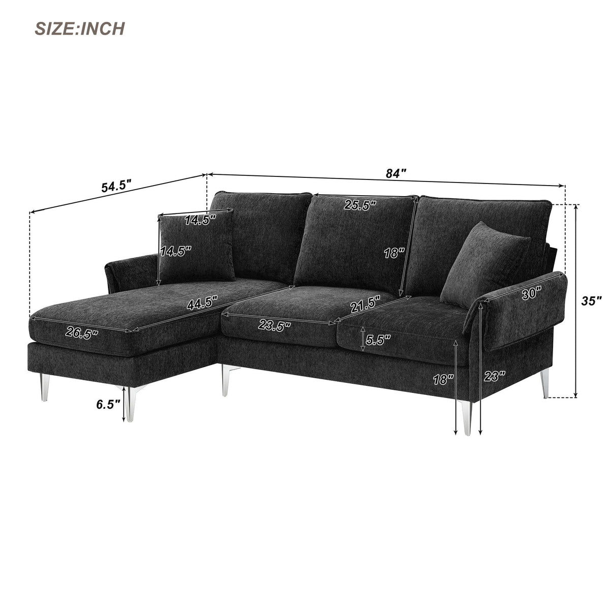 84" L-Shaped Black Sofa with Reversible Chaise H71121