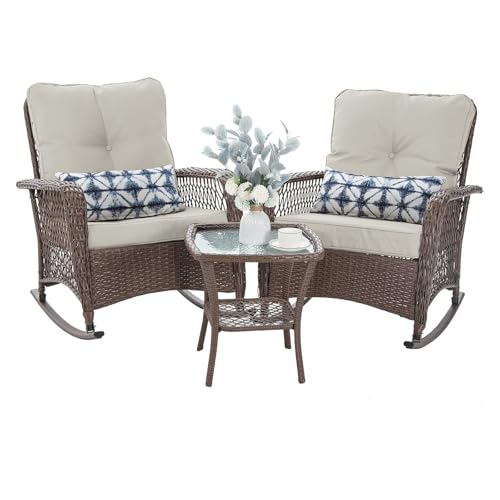 3 Piece Wicker Rocking Patio Furniture Set with Cushions and Coffee Table O6760