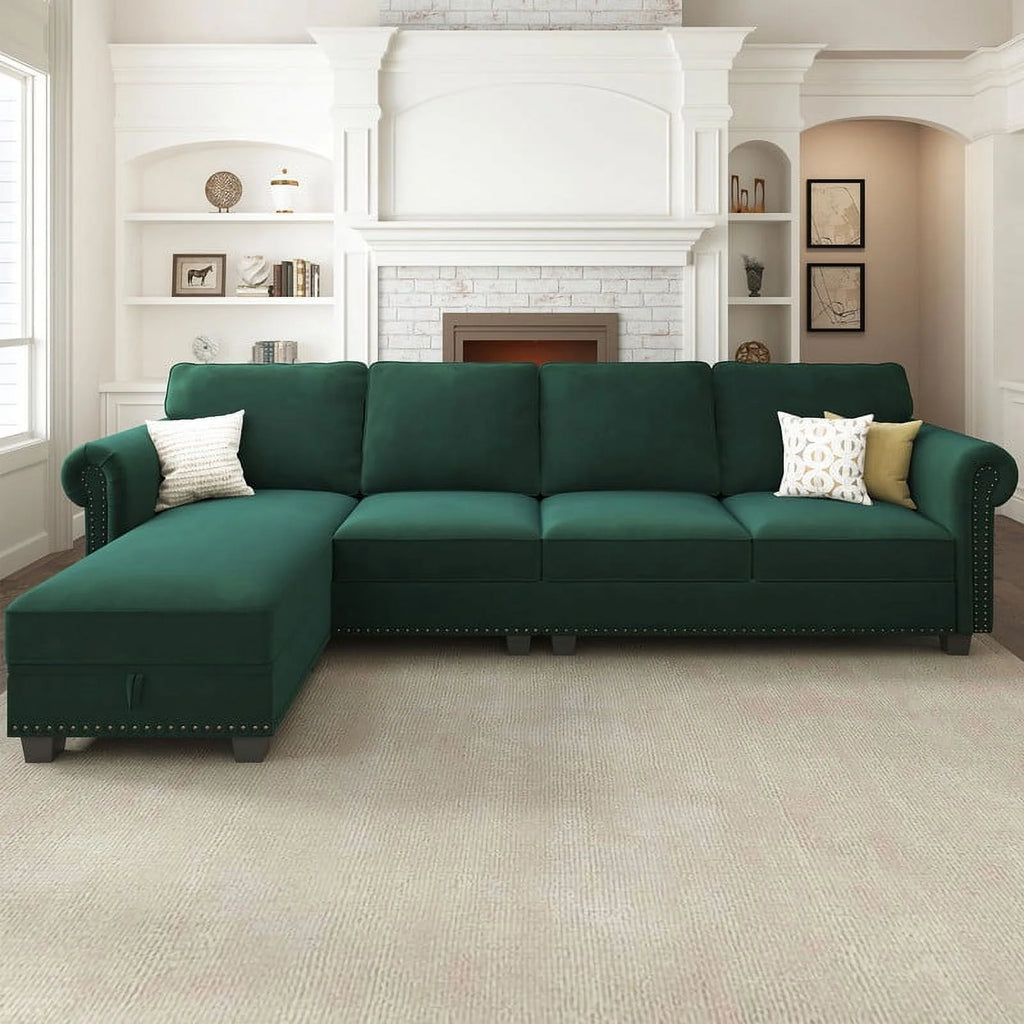 Black Velvet Sectional Sofa with Storage Ottoman and Reversible Chaise C78847