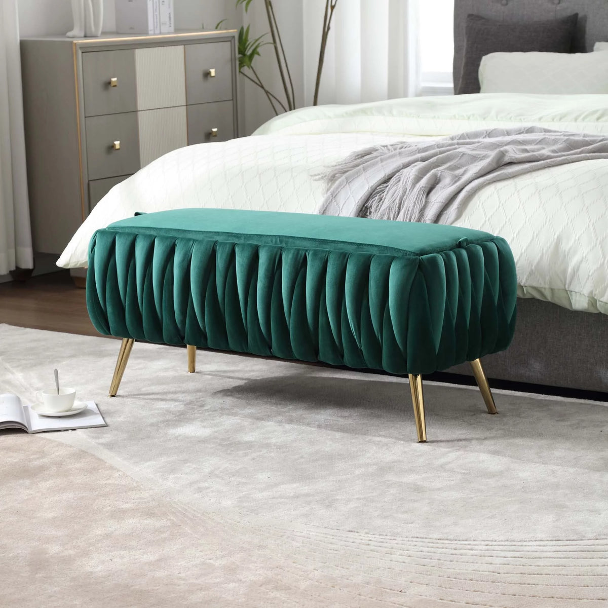 Green Velvet Storage Ottoman Bench with Handles G466546