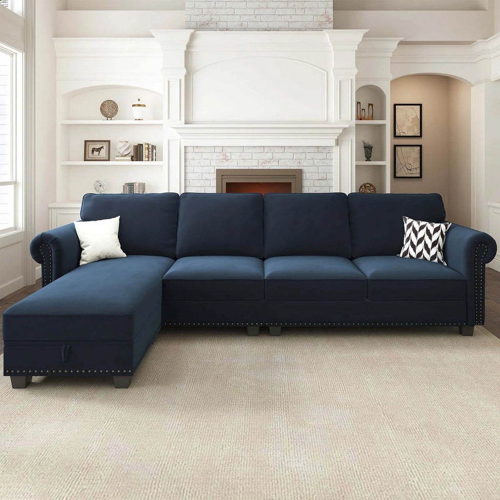Black Velvet Sectional Sofa with Storage Ottoman and Reversible Chaise C78847