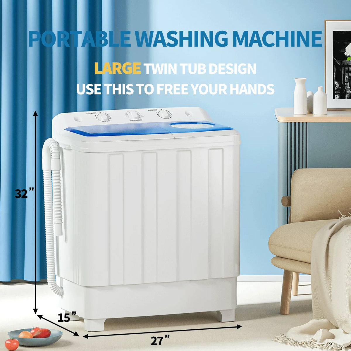 Portable 28lbs Twin Tub Washer Spinner Combo with Drain Pump U473465