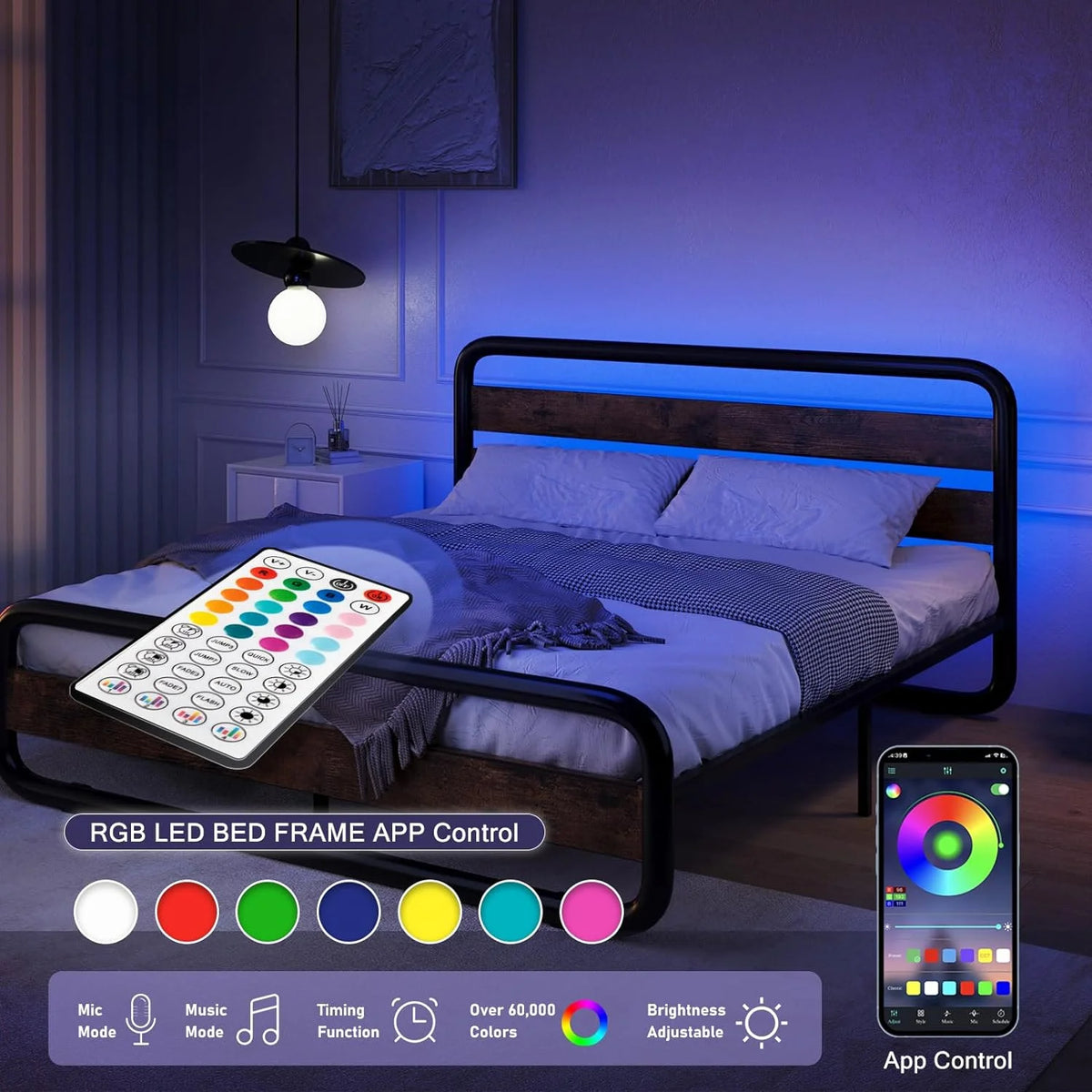 Queen Size Metal Platform Bed Frame with LED Headboard and Under-Bed Storage T18262