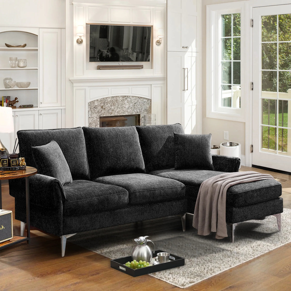 84" L-Shaped Black Sofa with Reversible Chaise H71121