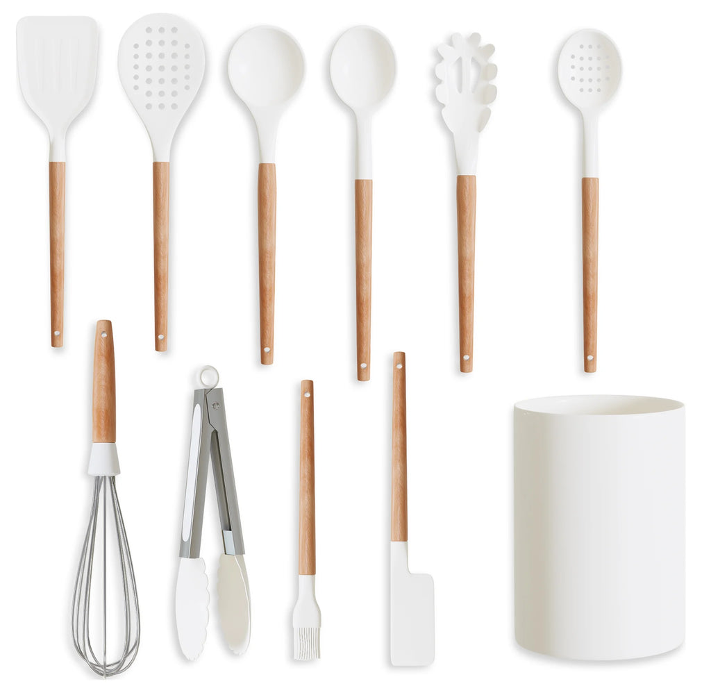 White 11 Pc Silicone Kitchen Utensils Set with Holder Z687