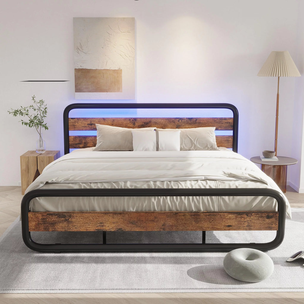 Queen Size Metal Platform Bed Frame with LED Headboard and Under-Bed Storage T18262