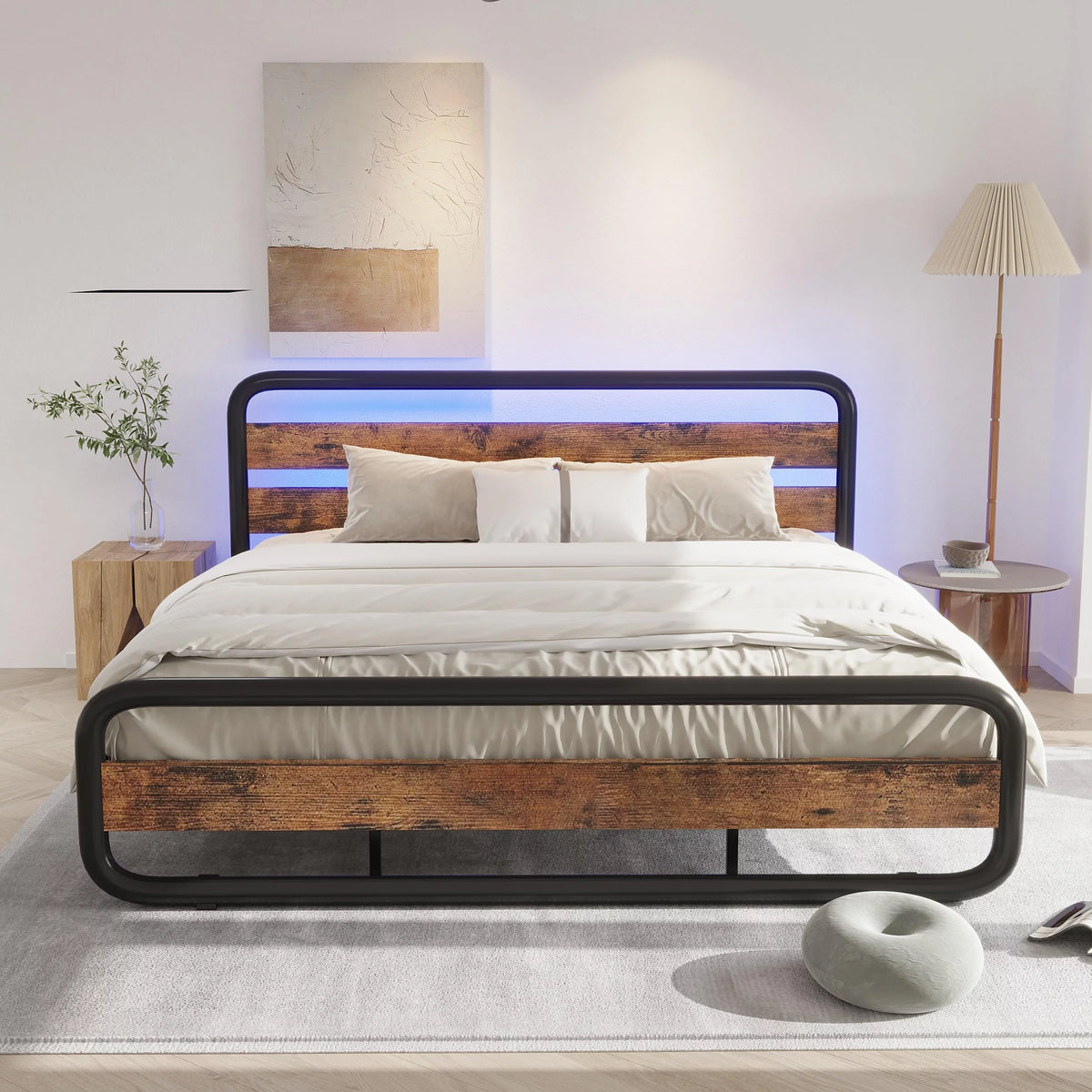 Queen Size Metal Platform Bed Frame with LED Headboard and Under-Bed Storage T18262