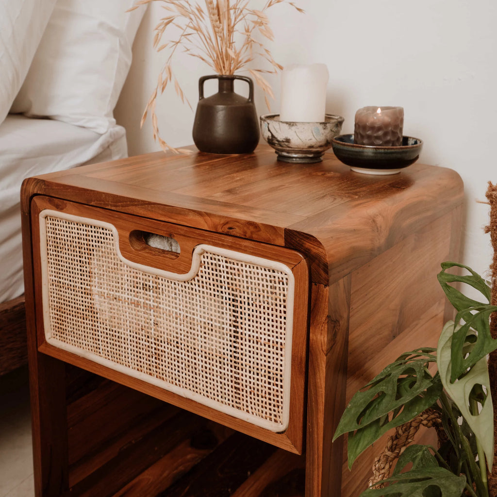 Solid Wood Vintage Teak Nightstand U9557