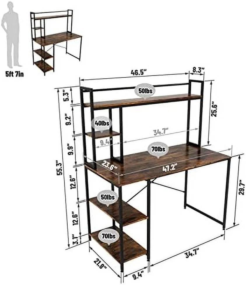 Computer Desk with Hutch and Shelves 47 Inch Adjustable K6170