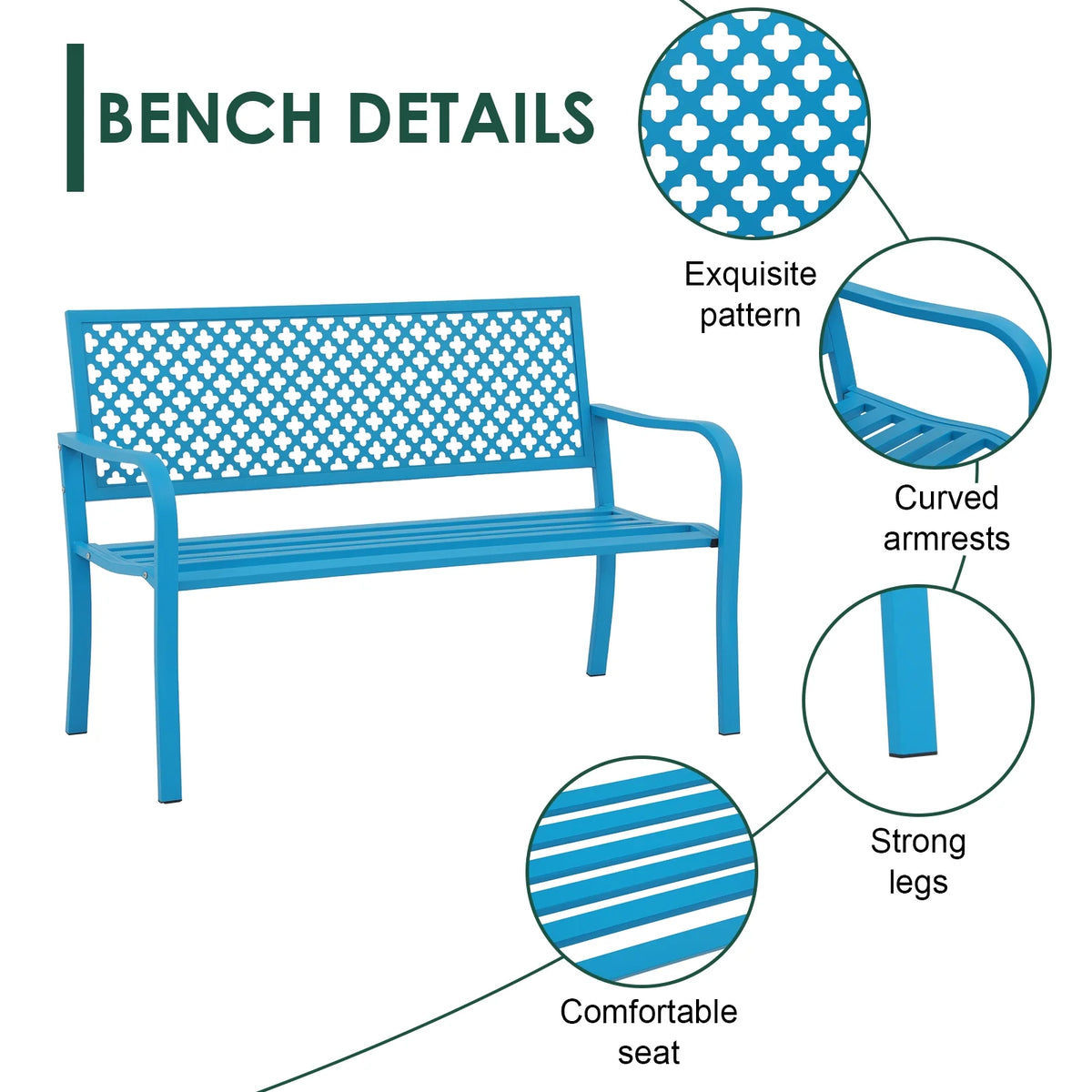 Blue 50in Metal Outdoor Garden Bench with Armrest I971095