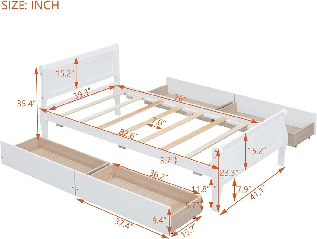 White Wood Platform Bed with 4 Storage Drawers M113