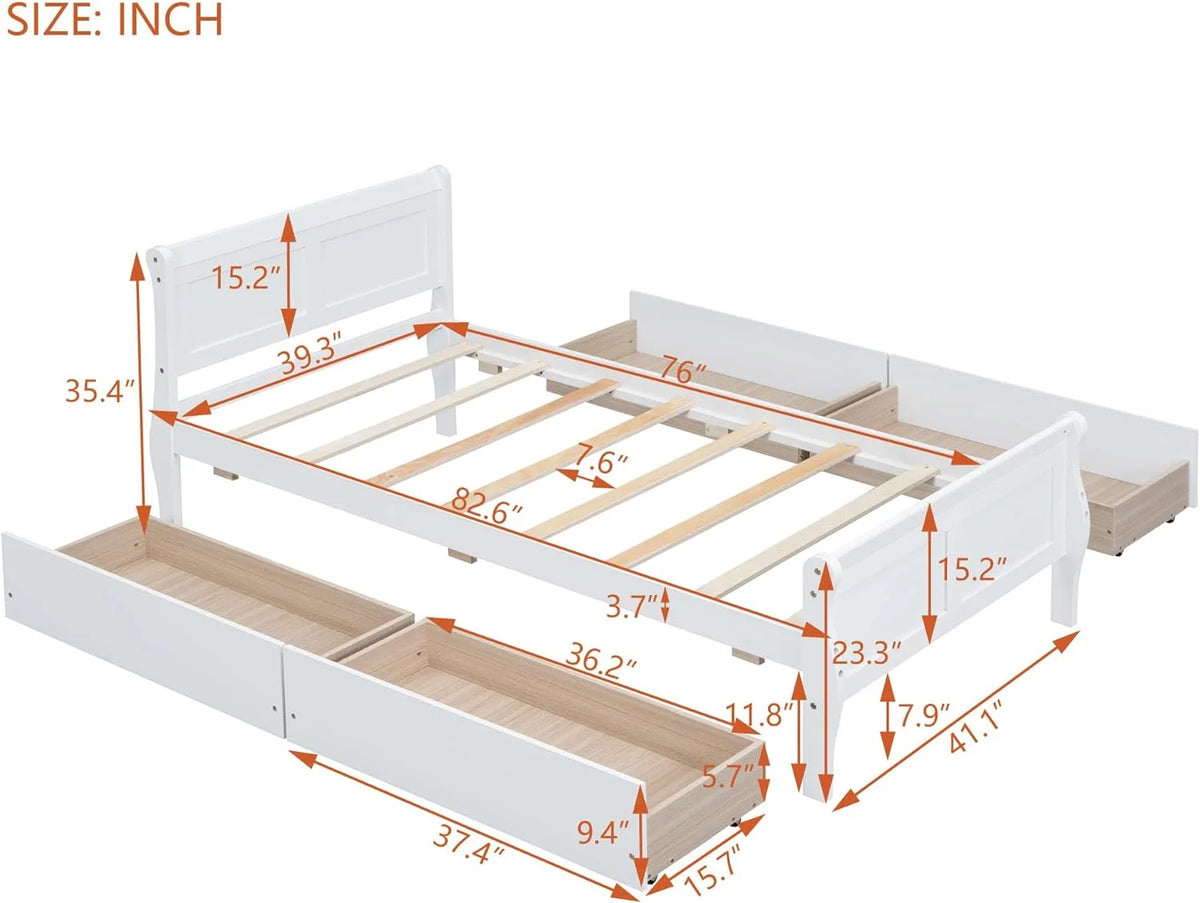 White Wood Platform Bed with 4 Storage Drawers M113