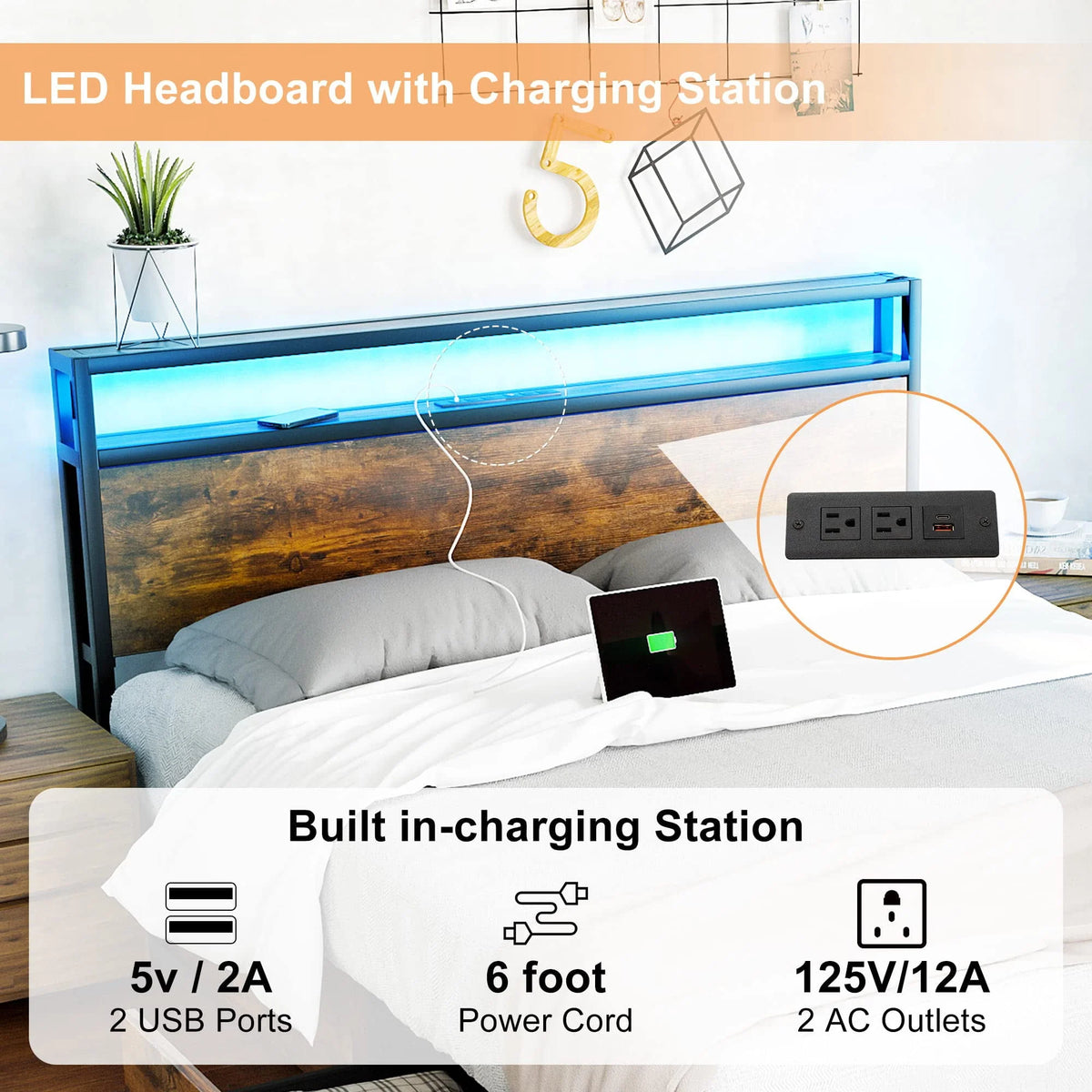 Full LED Bed Frame with Storage Headboard 4 Drawers K514725