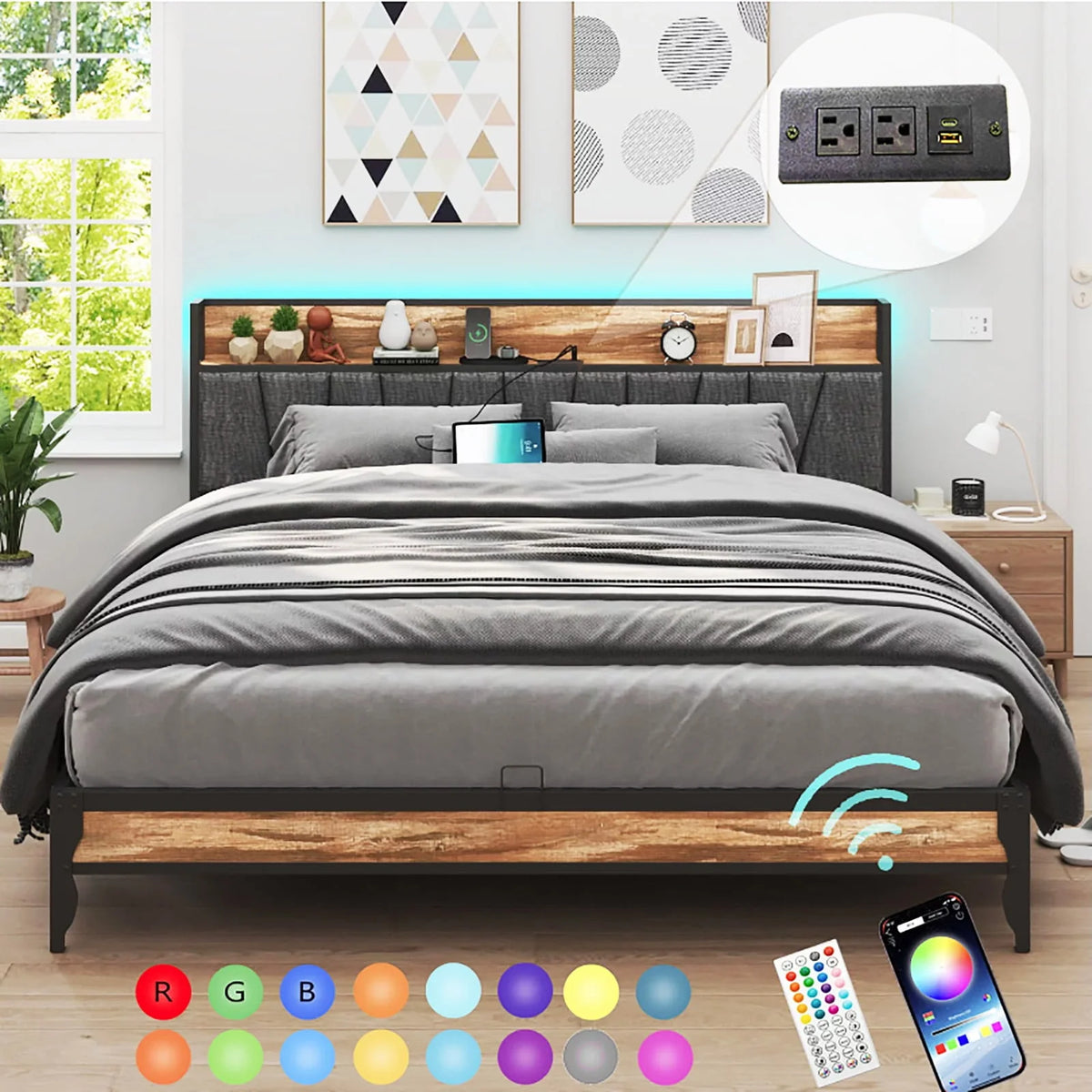 Full LED Bed Frame with Storage Headboard 4 Drawers K514725