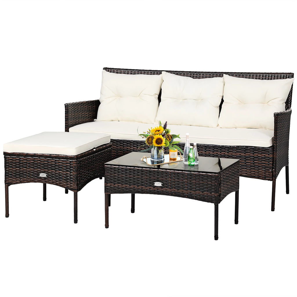 3 Pc Cushioned Patio Rattan Sofa Set C82542