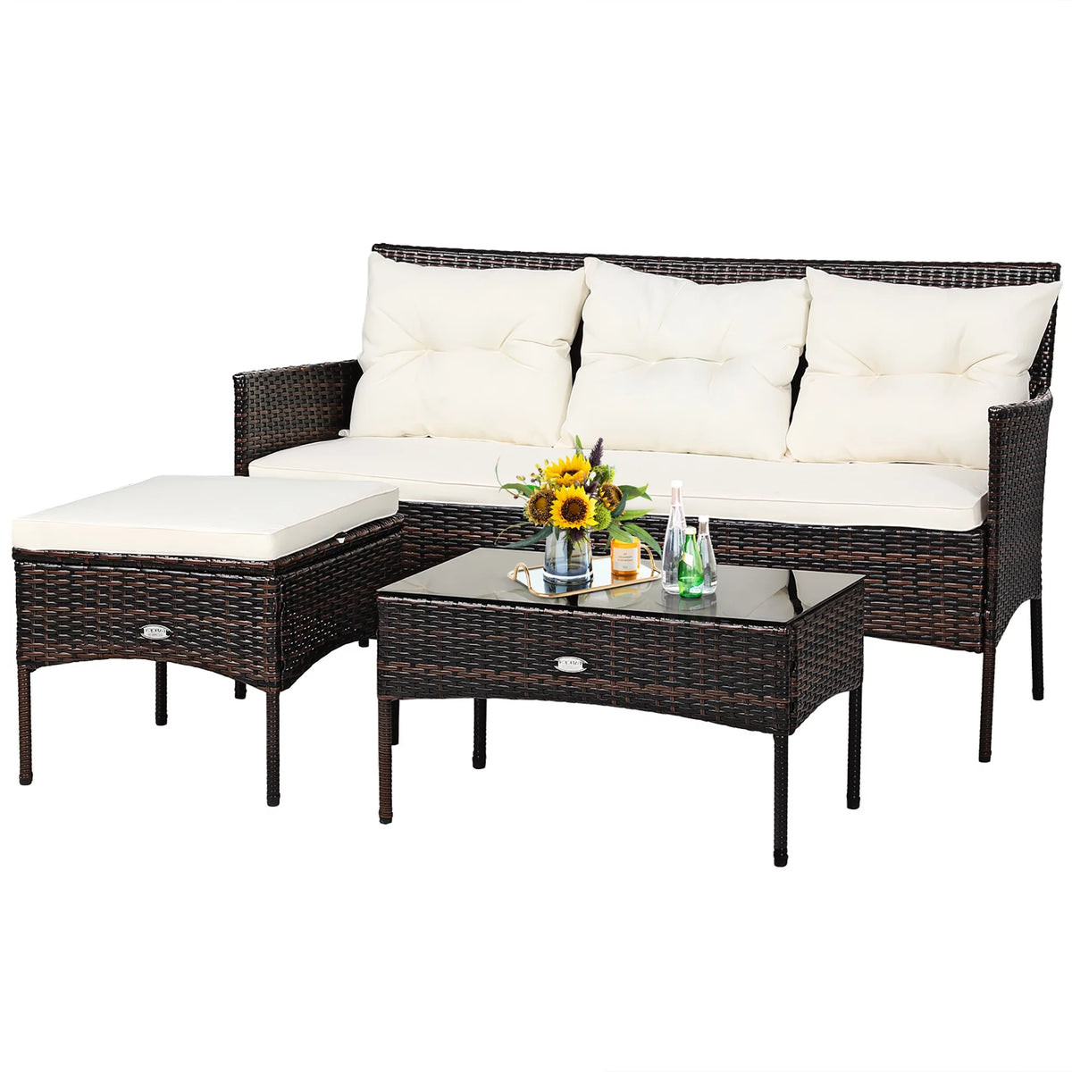 3 Pc Cushioned Patio Rattan Sofa Set C82542