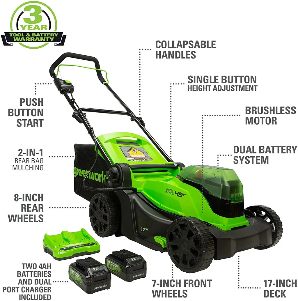 48V 17 Battery-Powered Push Lawn Mower with 2 x 24V 4Ah Batteries K412691