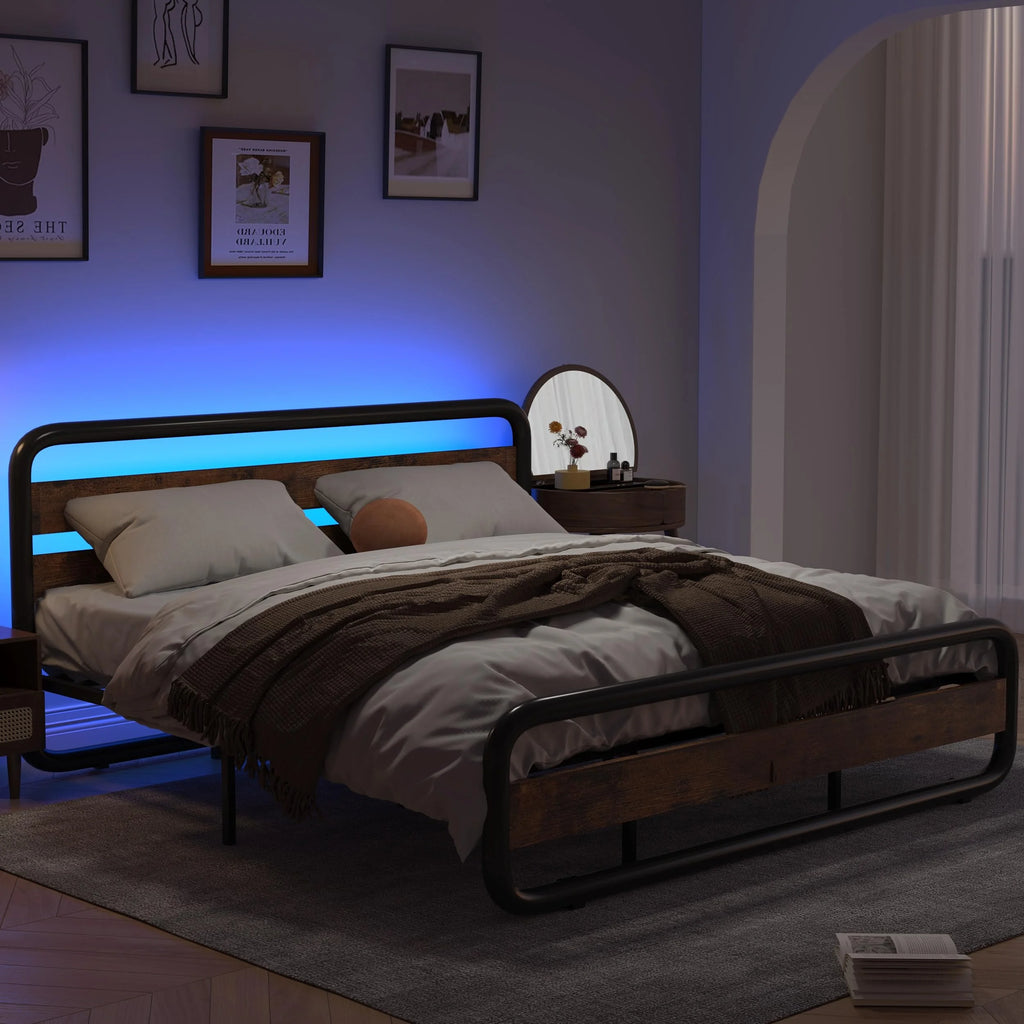 Queen Size Metal Platform Bed Frame with LED Headboard and Under-Bed Storage T18262
