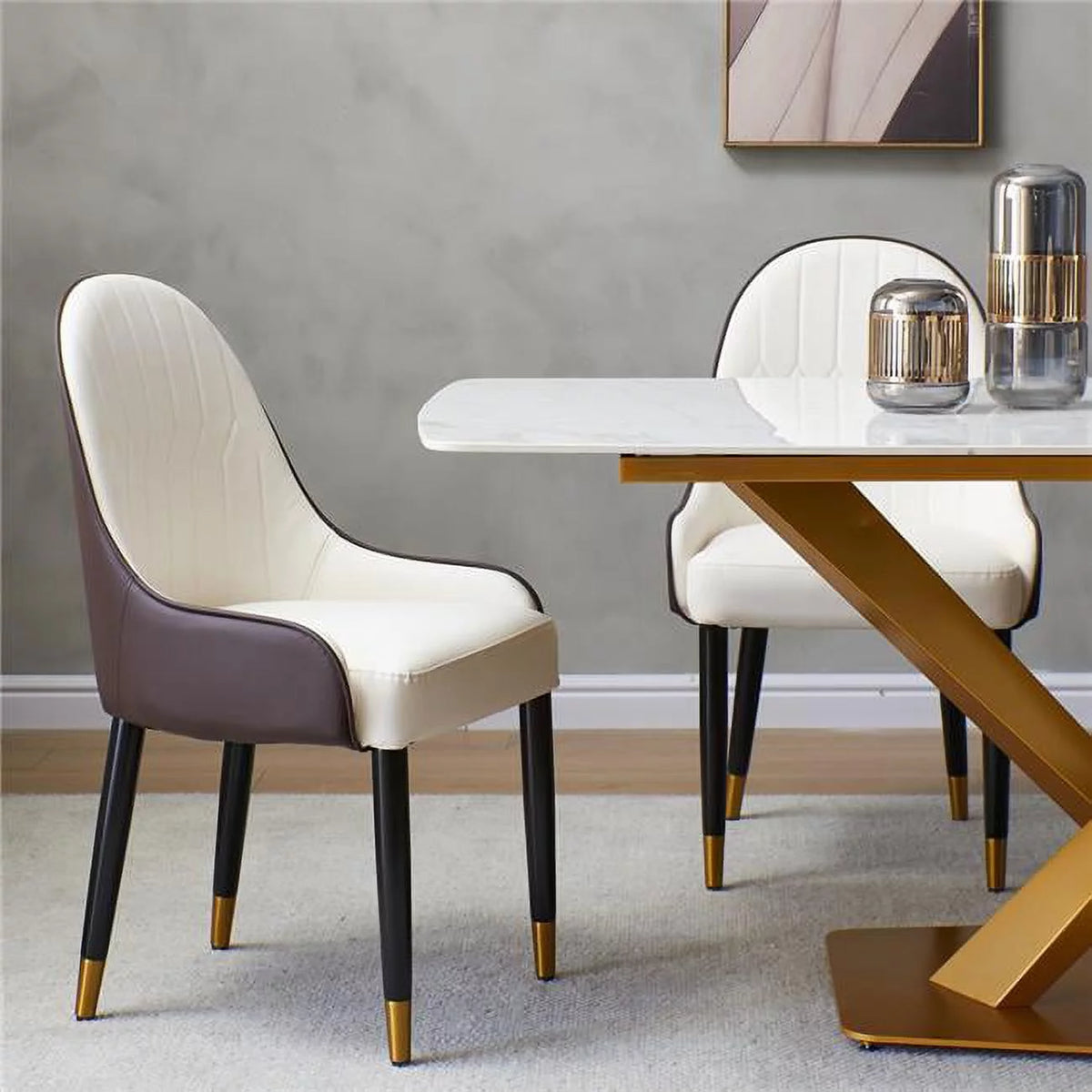 Set of 2 High Back Dining Chair with PU Leather and Solid Wood Legs N9406
