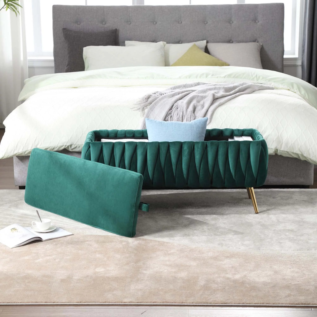 Green Velvet Storage Ottoman Bench with Handles G466546