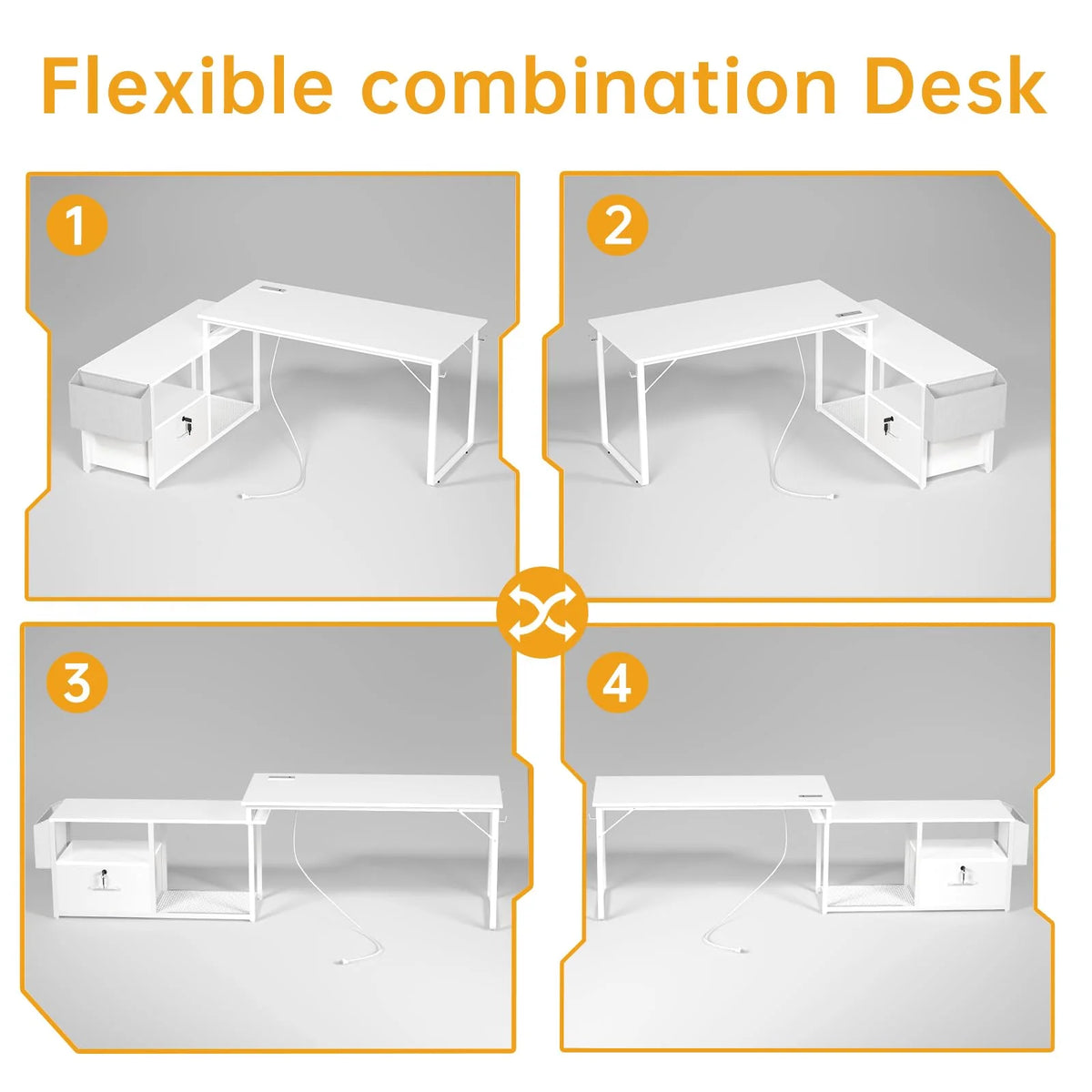 55" L Shaped Desk with Power Outlet, LED Gaming Desk with File Drawer, White H85059