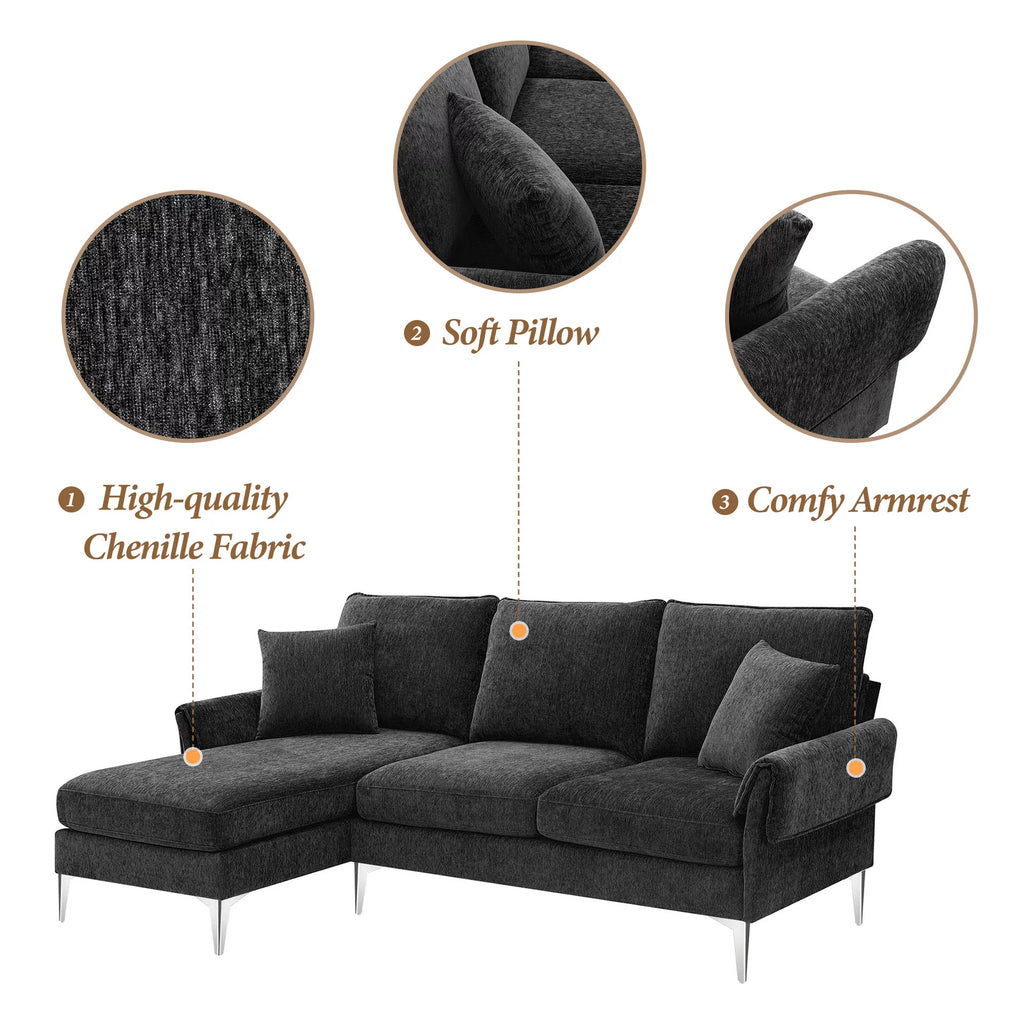 84" L-Shaped Black Sofa with Reversible Chaise H71121