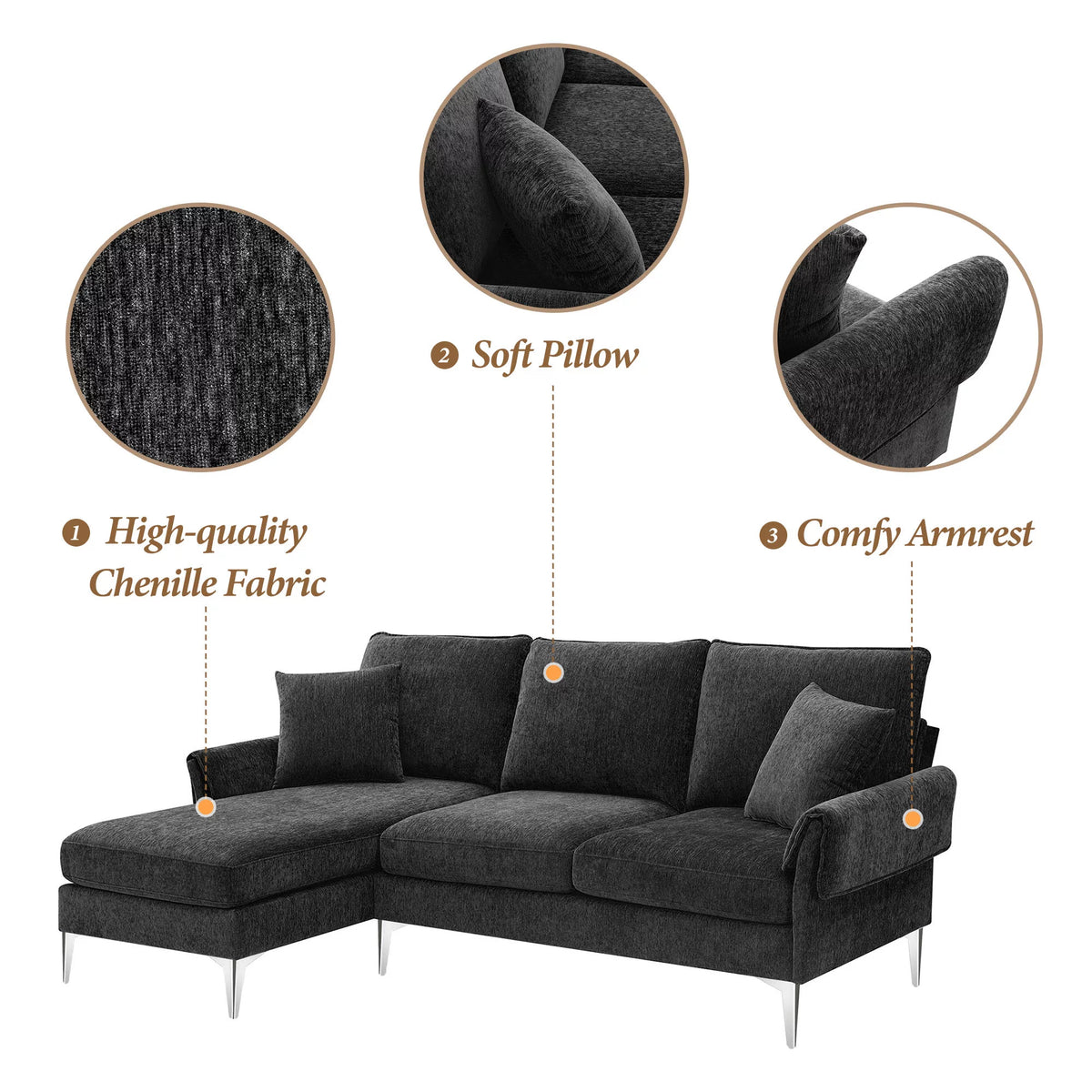 84" L-Shaped Black Sofa with Reversible Chaise H71121