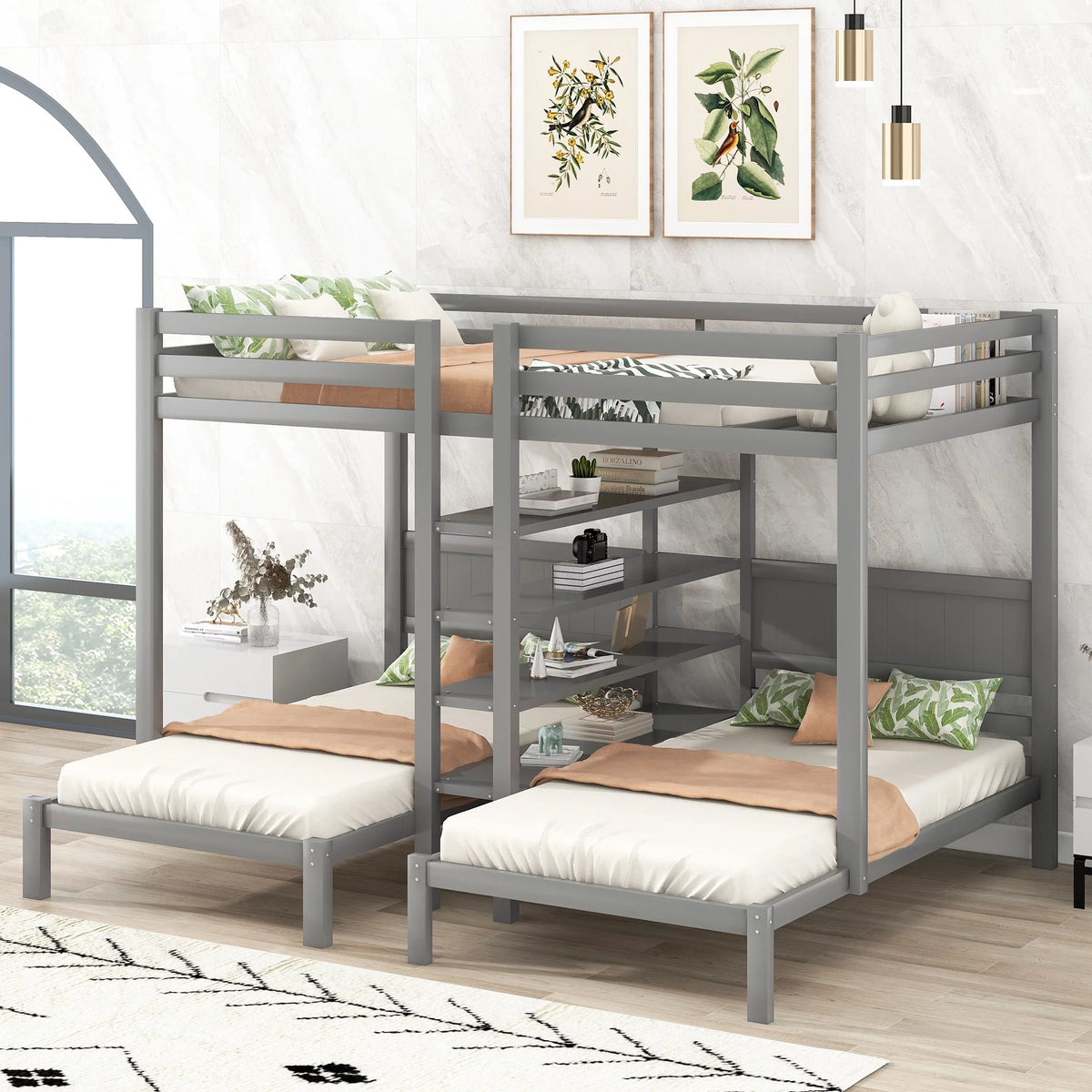 Full XL over Twin&Twin Bunk Bed with Shelves and Ladder Gray L538