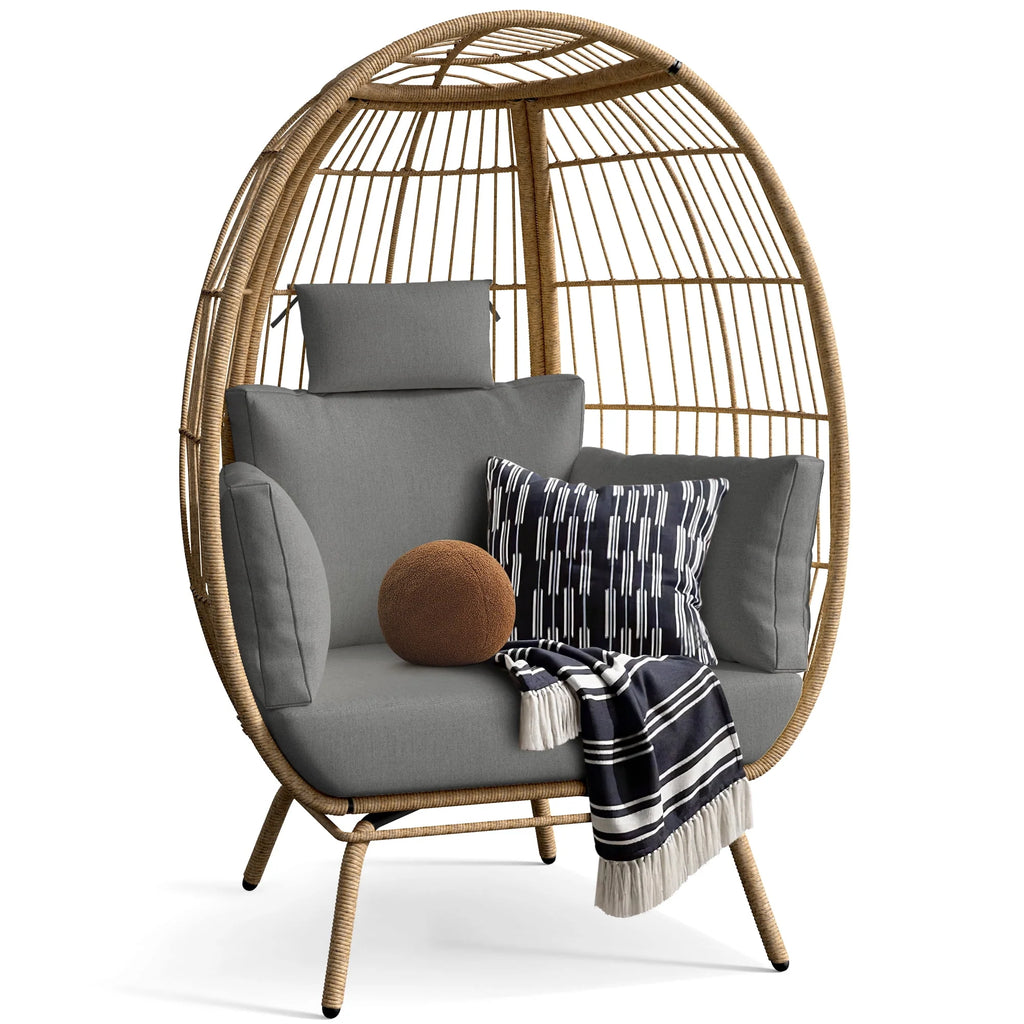 Large Wicker Egg Chair with Stand Cushion Grey A61095