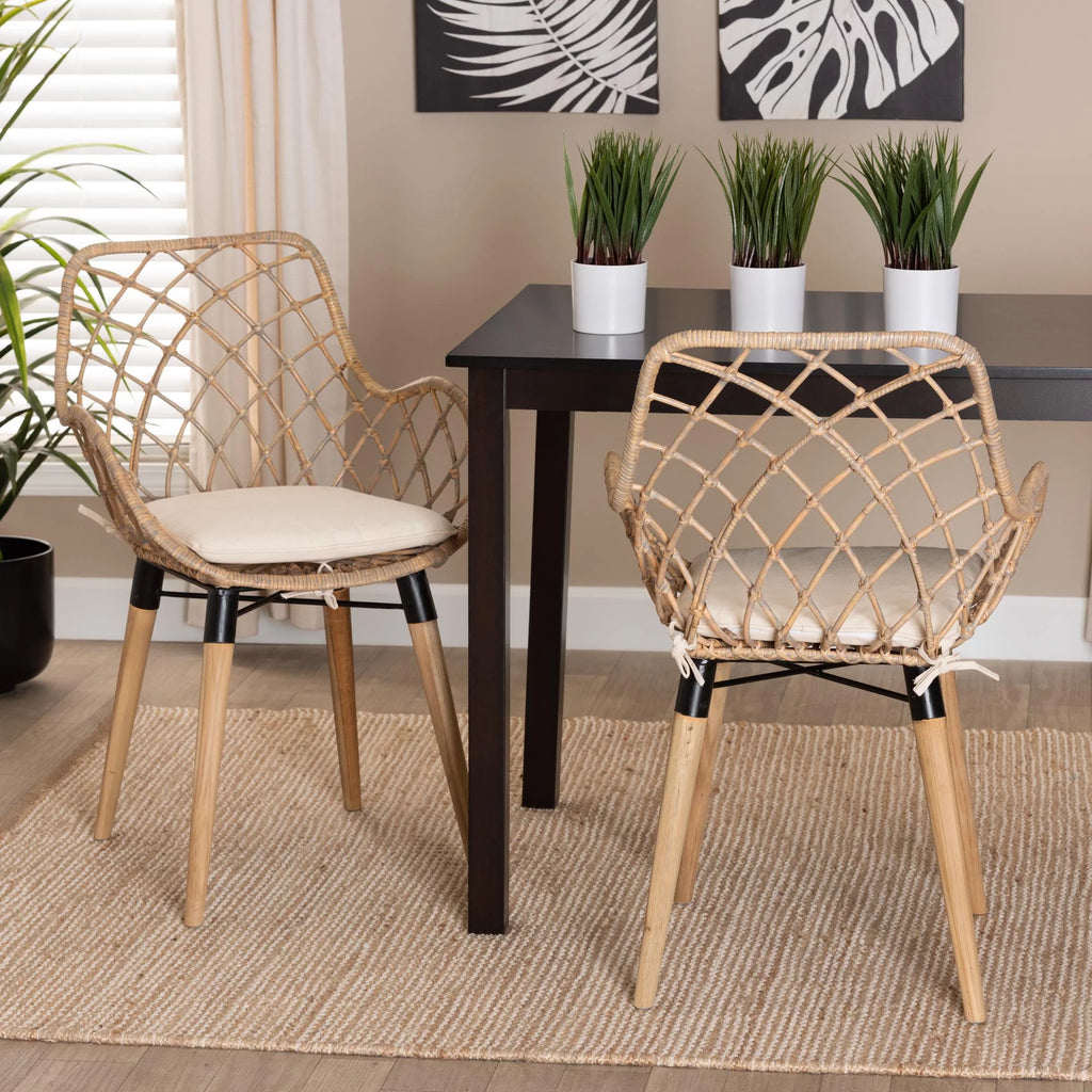 Natural Brown Teak Wood and Greywashed Rattan 2-Piece Dining Chair Set K2987