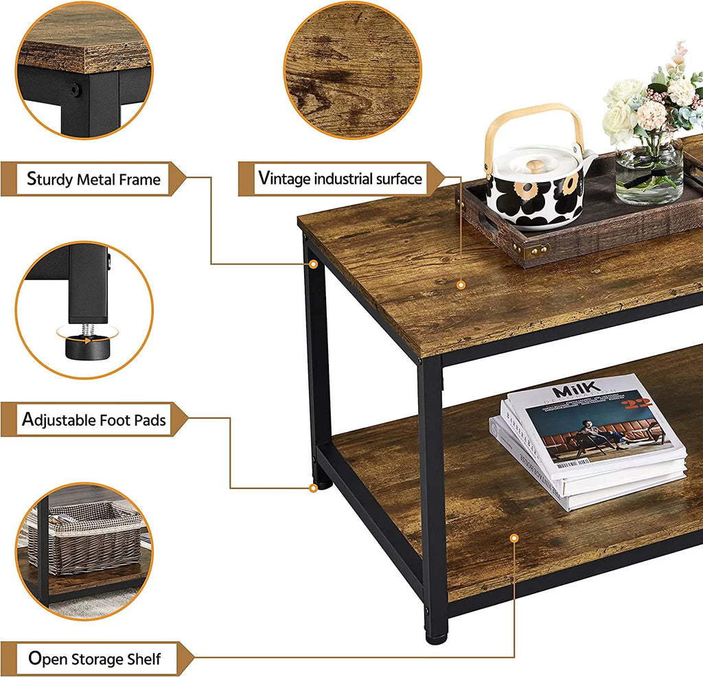 2-Tier Wood Coffee Table with Storage Shelf Metal Frame N558
