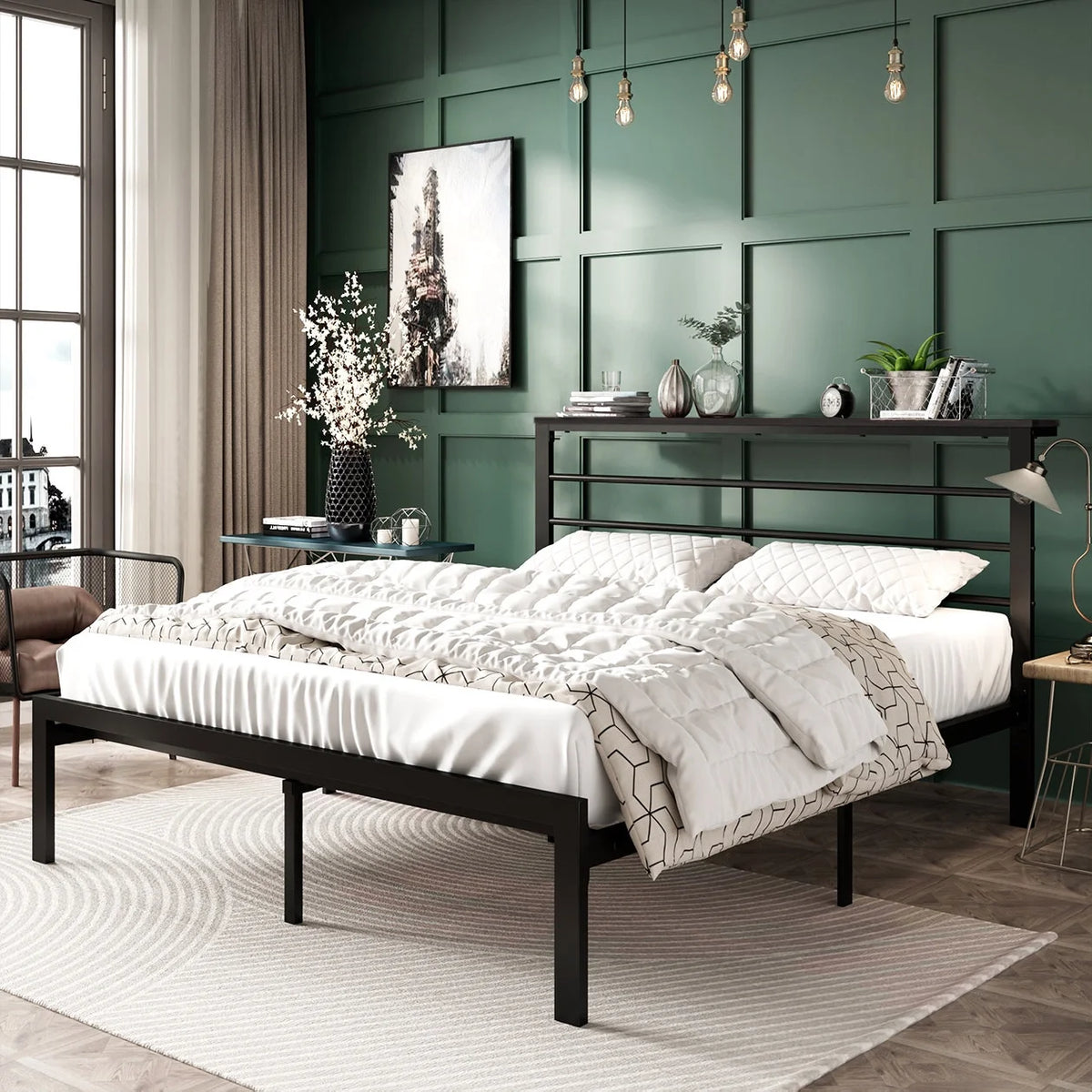 Black Queen Size Metal Platform Bed Frame with Headboard L46347