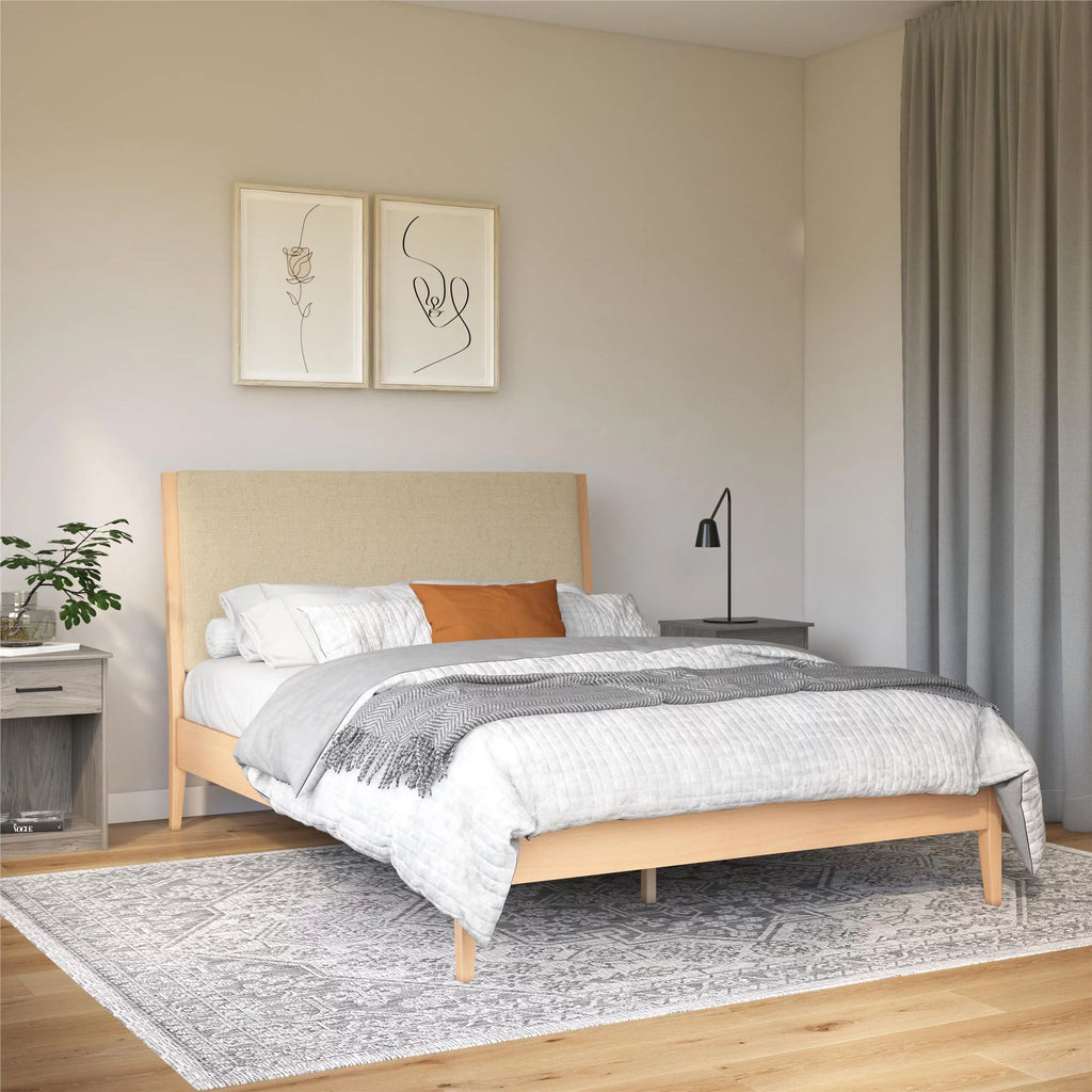 Beige Linen Queen Upholstered Wood Bed Frame W4162